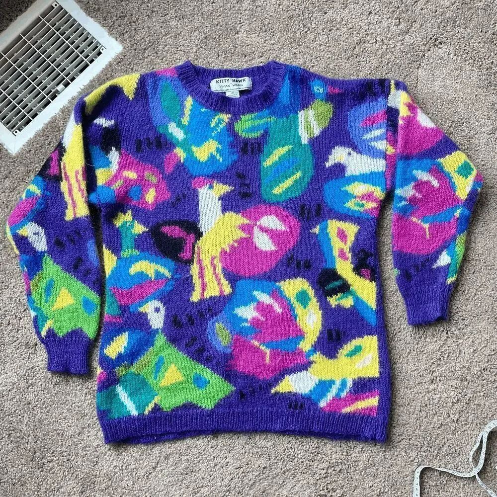 VTG Kitty Hawk Vivian Wang Mohair Sweater Colorful Abstract Bird Knit